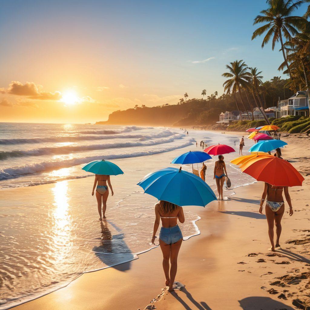 A sun-kissed beach scene featuring a diverse group of stylish beachgoers in trendy summer outfits, surrounded by colorful beach umbrellas, surfboards, and playful waves. Include a soft sunset in the background to evoke warmth and a laid-back coastal vibe. Make sure the overall atmosphere exudes fun and relaxation, perfect for showcasing beachwear. vibrant colors. super-realistic. bright blue skies.